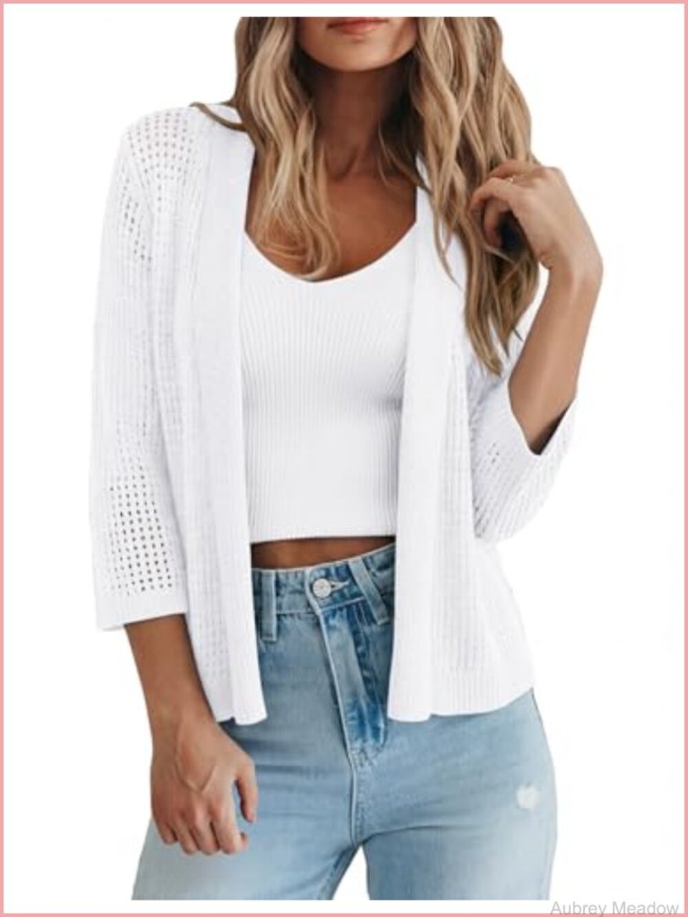 Women's Openwork Knit Cardigan 3/4 Sleeve Casual Shrug Top